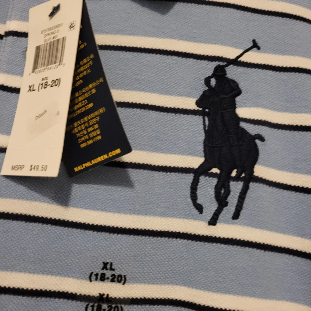 NWT- Polo Ralph Lauren Blue and White Striped Polo Shirt Boys Size 18-20 - Picture 5 of 9